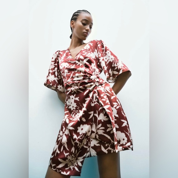 Zara Satin Brown And Cream  Floral Dress NWOT - Picture 1 of 10
